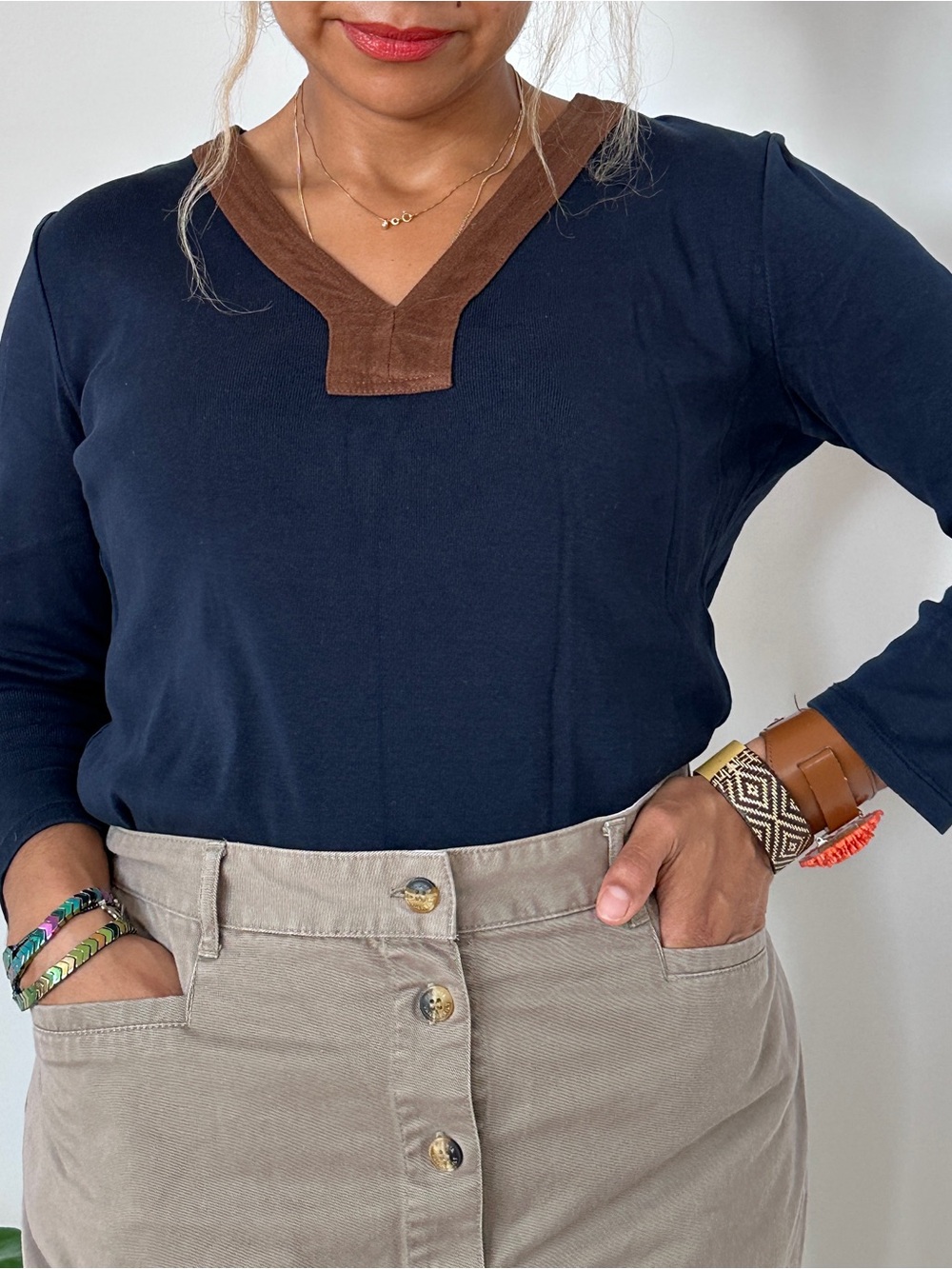 Lauren Ralph Lauren Navy Long-Sleeve V-Neck Top with Brown Trim